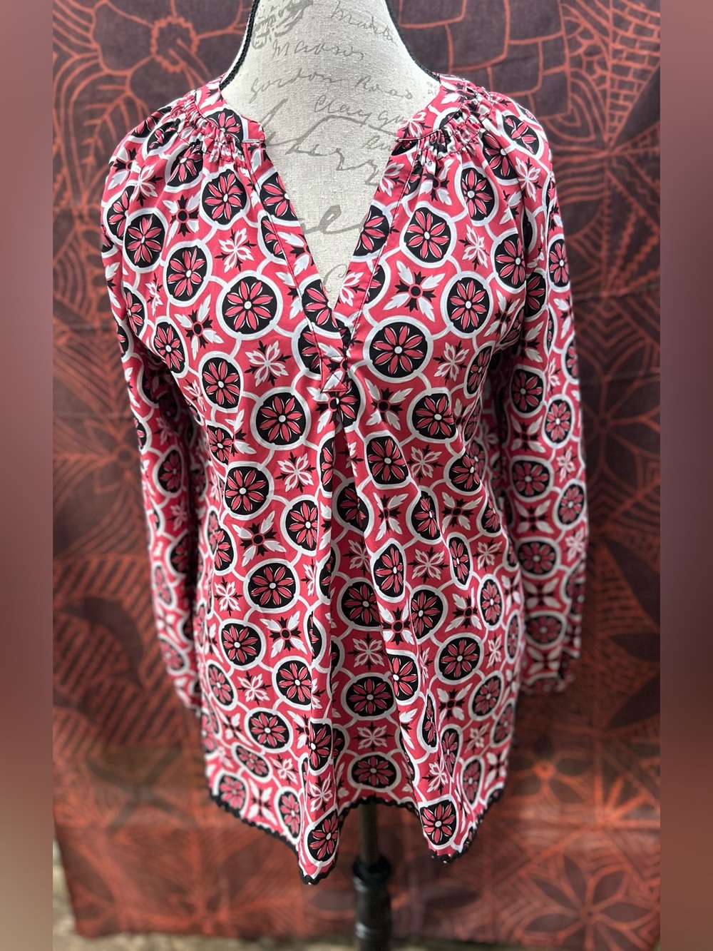 Simply Southern Pink and Black Floral Geometric V-Neck Blouse